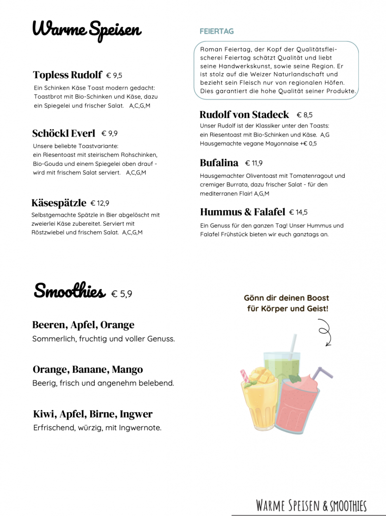 Warme Speisenn und Smoothies